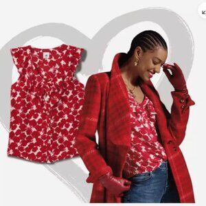 CAbi Rosy Top Style #4350 Button-Up Chiffon Ruffle-Neck Rose Print Sz Medium